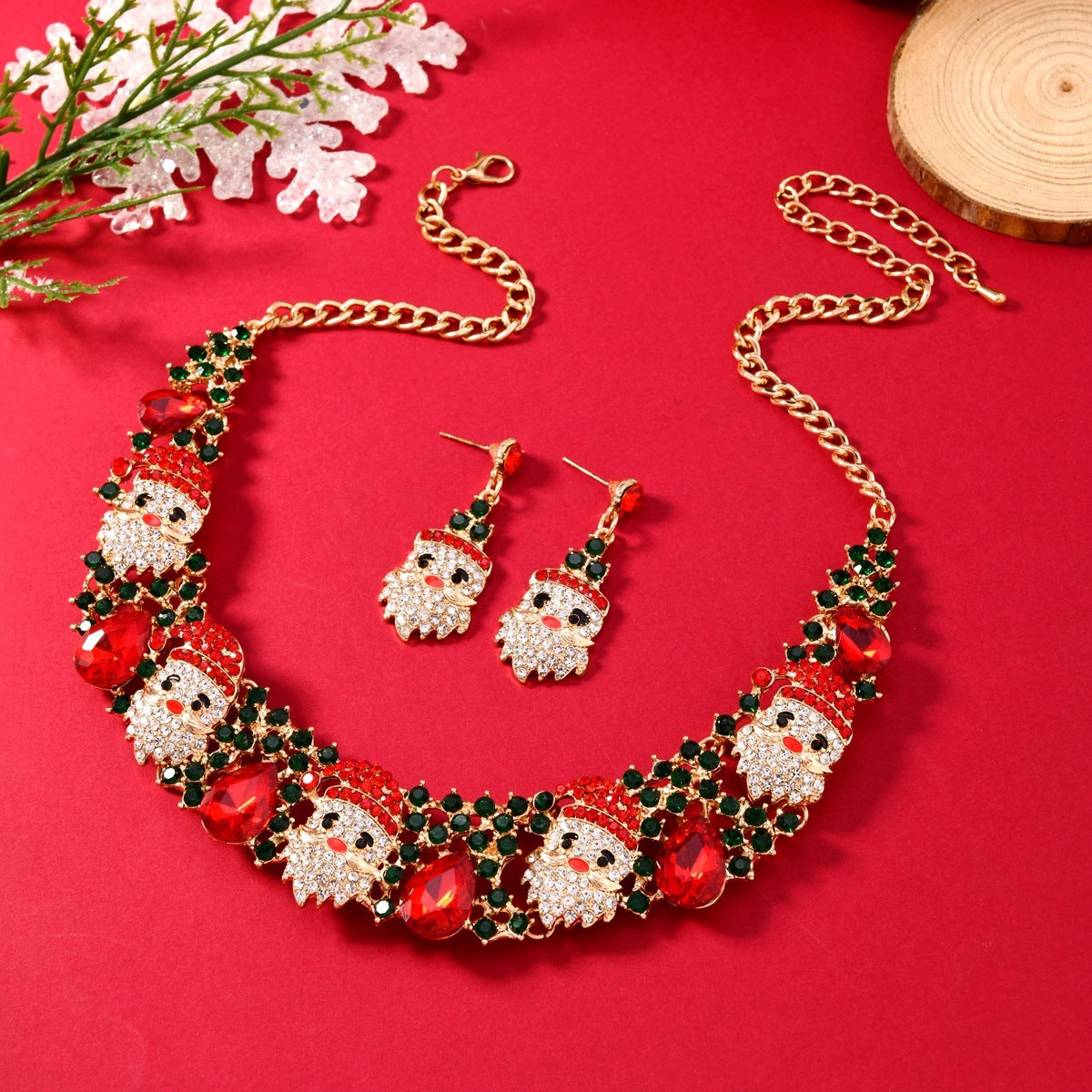 Christmas Necklace Earrings Set With Colored Rhinestones | Yazijico™