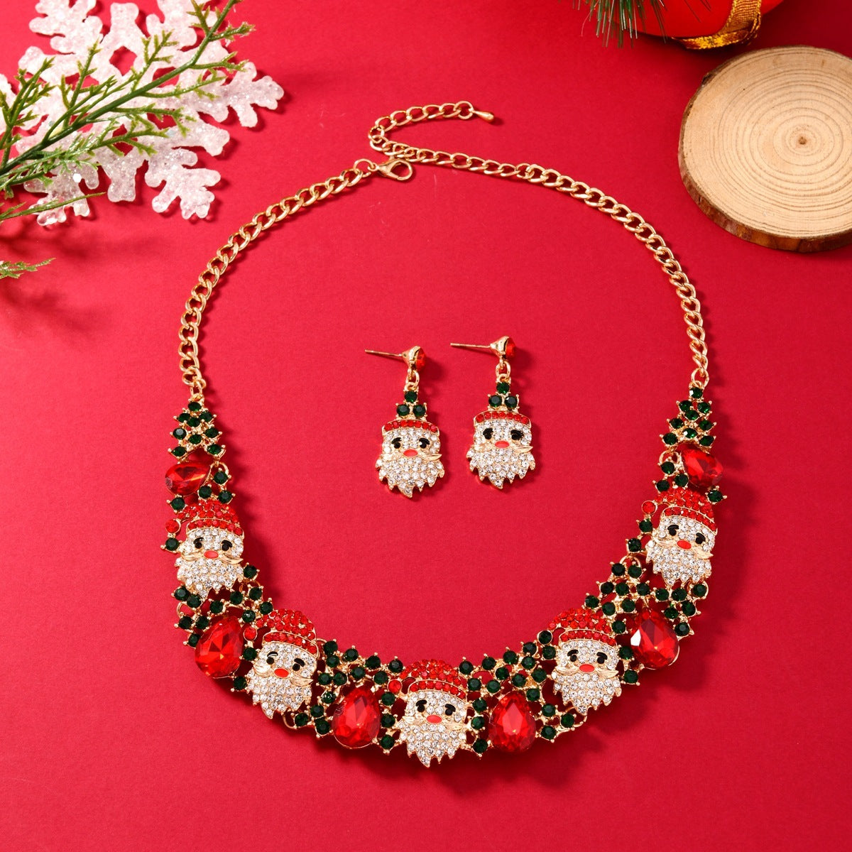 Christmas Necklace Earrings Set With Colored Rhinestones | Yazijico™