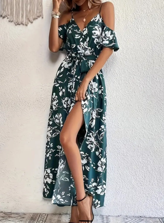 Flower Print Split Suspender Dress With Lace-up Yazijico™