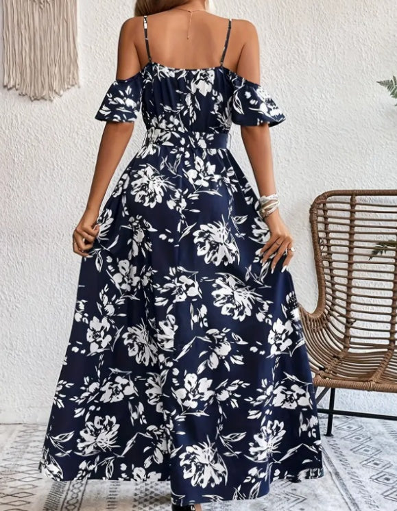 Flower Print Split Suspender Dress With Lace-up Yazijico™