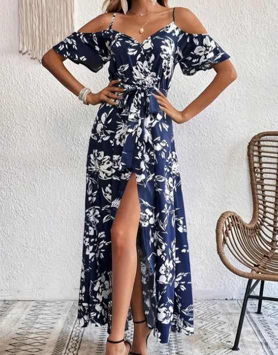 Flower Print Split Suspender Dress With Lace-up Yazijico™