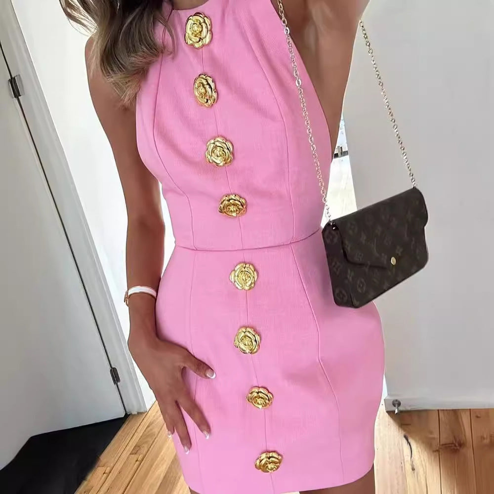 Sleeveless Backless Dress With Rose Button Yazijico™