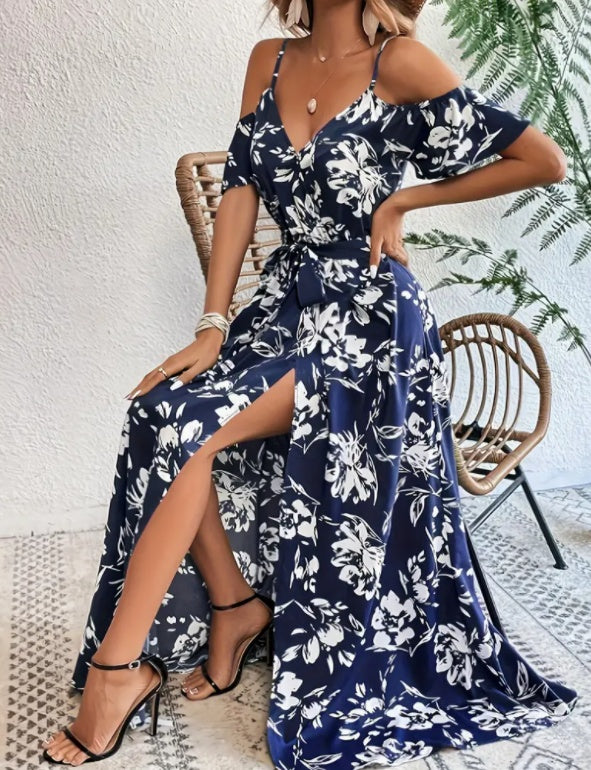Flower Print Split Suspender Dress With Lace-up Yazijico™