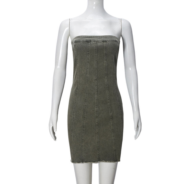 Dress Backless Tube Denim Slim Short  | Yazijico™ 