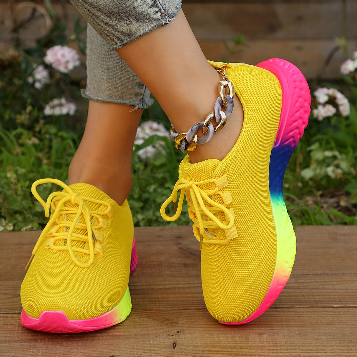 Sneakers Lace-up Mesh With Rainbow Sole | Yazijico™ 