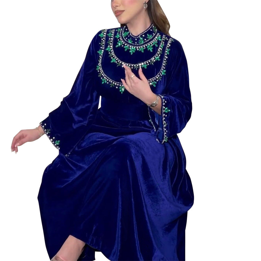 Velvet Zipper Green Drop-shaped Diamond Middle East Dress | Yazijico™