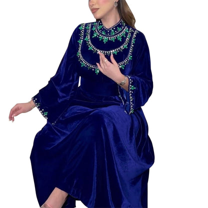 Velvet Zipper Green Drop-shaped Diamond Middle East Dress | Yazijico™
