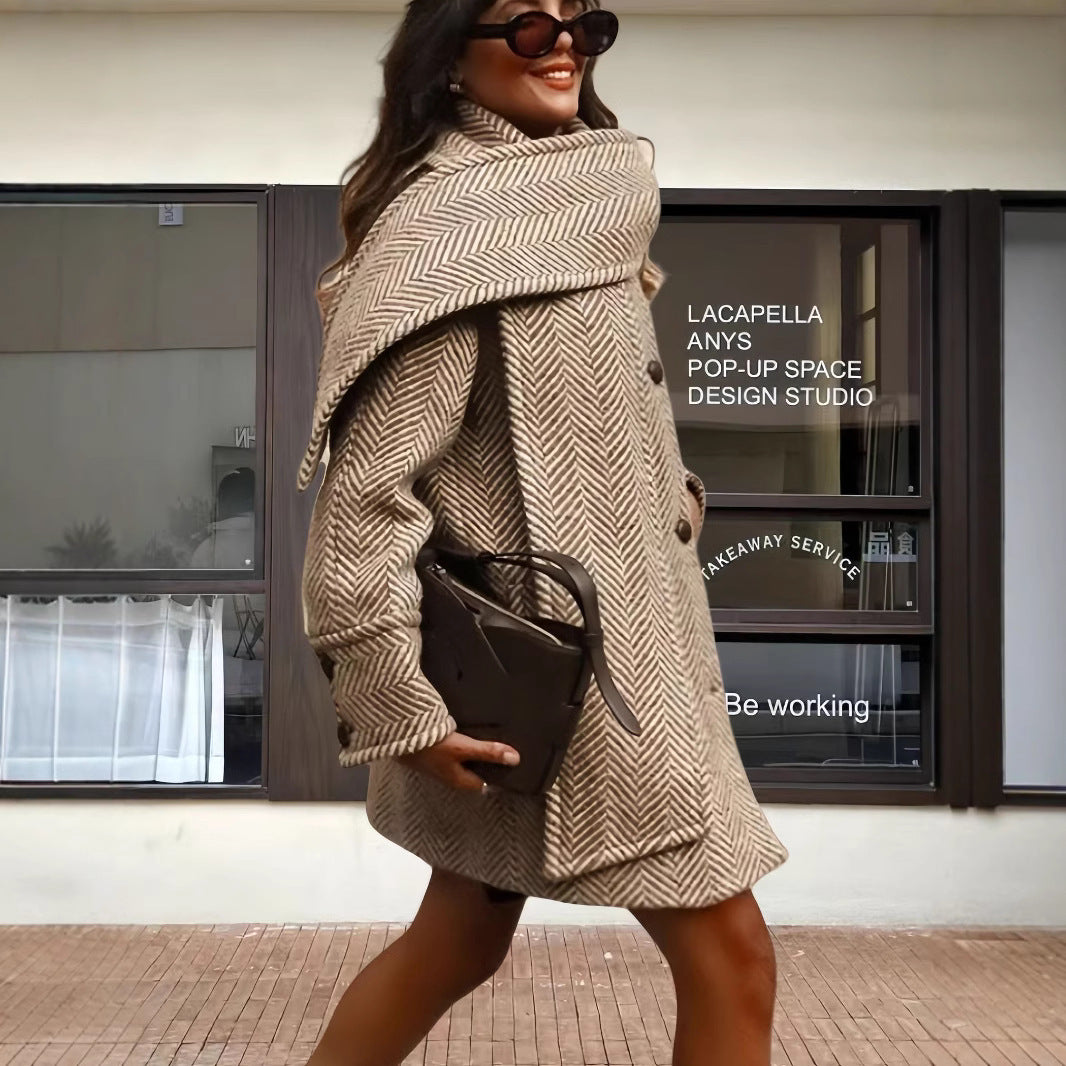 Women's Polyester Striped Woolen Trench Coat