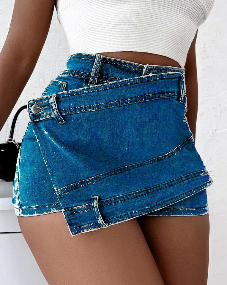 Denim Shorts Waist Wrap Skinny Mini Skorts Skirt  Yazijico™ 