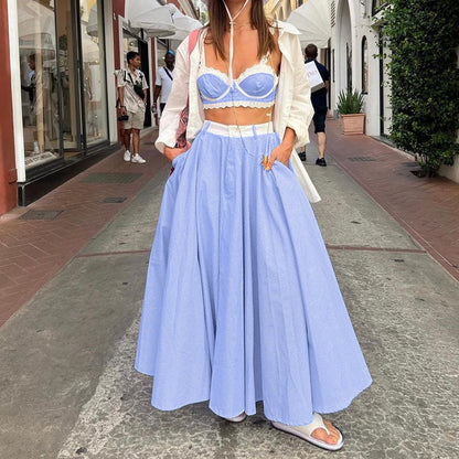 Lace Splicing Sling Vest High Waist Big Swing Skirt Fashion  | Yazijico™ 