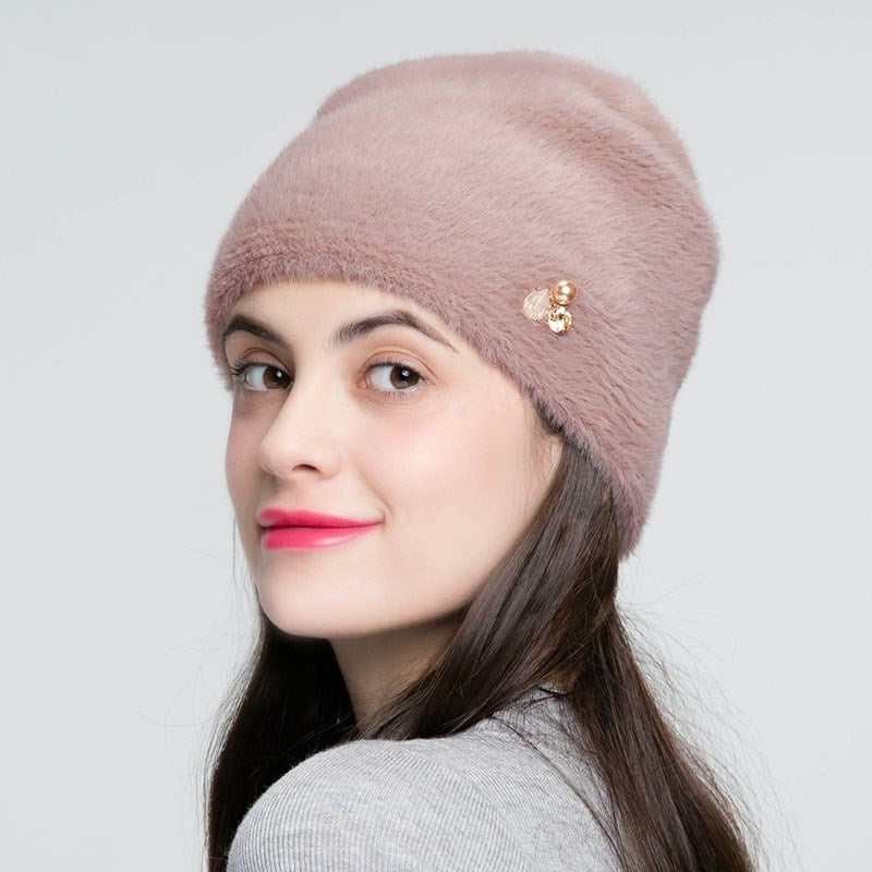 Imitation Mink Knit Wool Hat Rhinestone | Yazijico™ 
