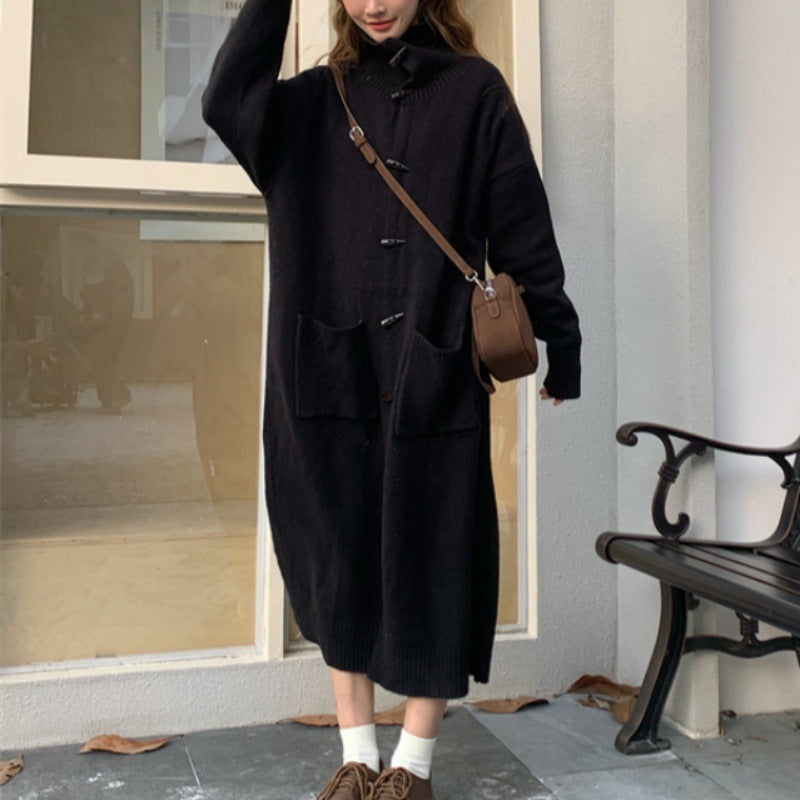 Horn Button Sweater Cardigan Women's Mid-length Turn-down Collar Coat