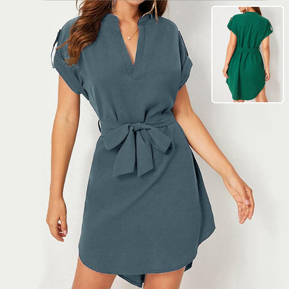 Short Sleeve Dress With Belt Summer  Yazijico™ 