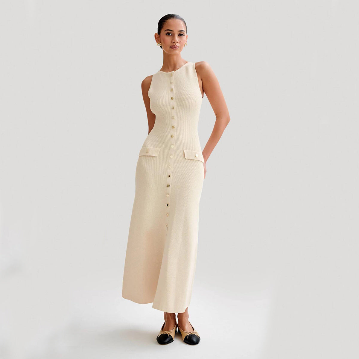 Knitted Sleeveless Dress With Single Breast  Yazijico™ 