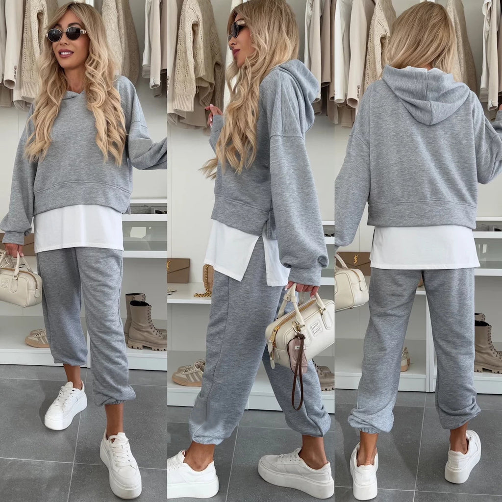 Hooded Sweatshirt Suit Loose Long Sleeve False Two-piece Tops And Jogger Sports Trousers Casual Spots Set For Women's Clothing