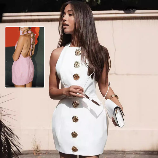 Sleeveless Backless Dress With Rose Button  Yazijico™