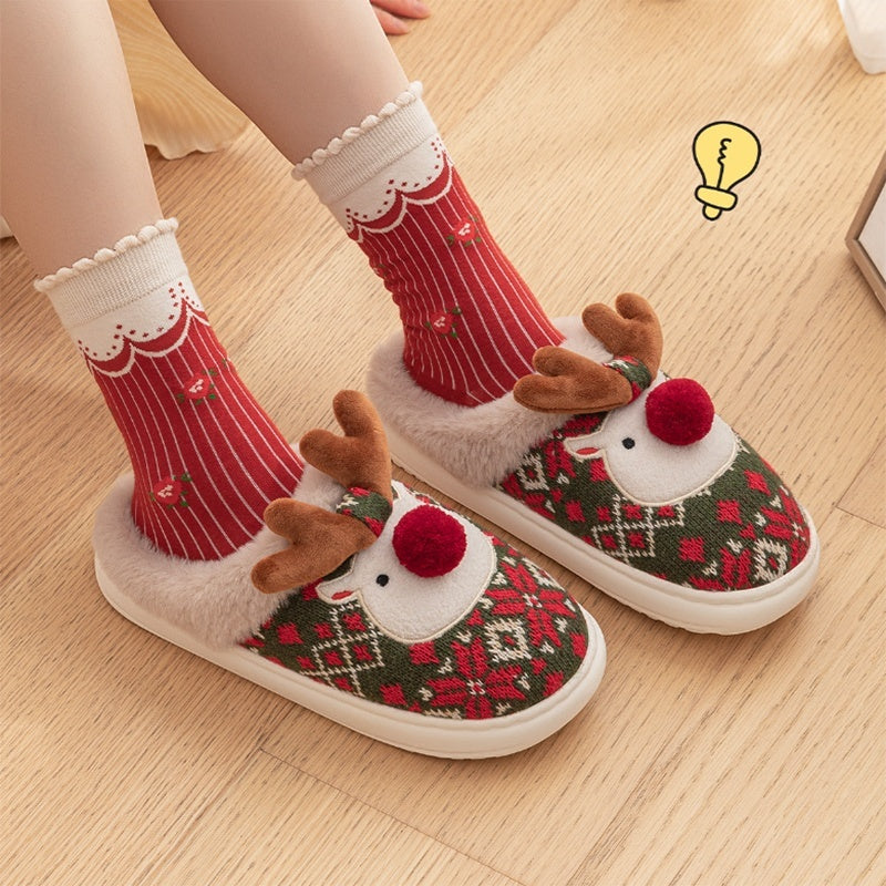 Cute Christmas Elk Plush Slippers Winter | Yazijico™ 