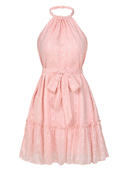 Dress Summer Casual Lace Tie Waist Halterneck   Yazijico™