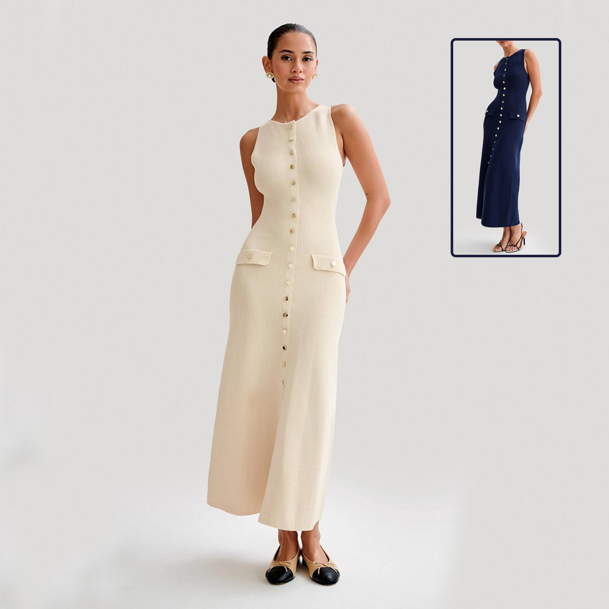 Knitted Sleeveless Dress With Single Breast  Yazijico™ 