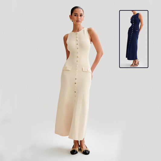 Knitted Sleeveless Dress With Single Breast  Yazijico™ 