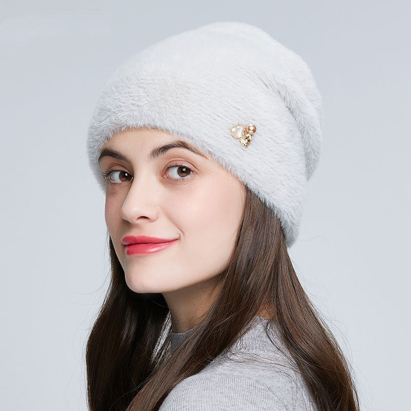 Imitation Mink Knit Wool Hat Rhinestone | Yazijico™ 
