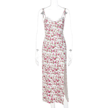 Robe longue en dentelle à imprimé floral et bretelles fendues | Yazijico™