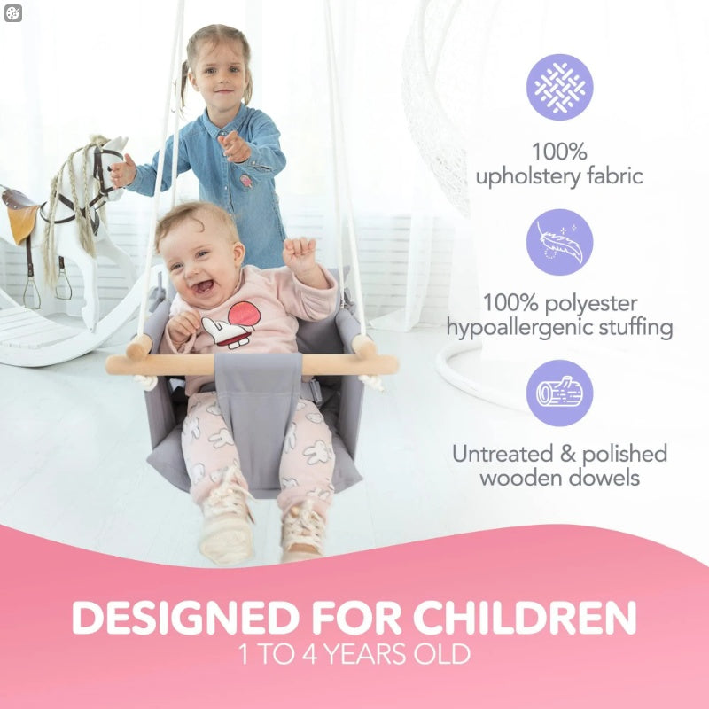 Canvas Baby Swing Wooden Hanging Swing Seat Chair With Safety Belt Durable Baby Swing Chair Outdoor And Indoor Swing For Kids Mounting Hardware Included Taupe Gray