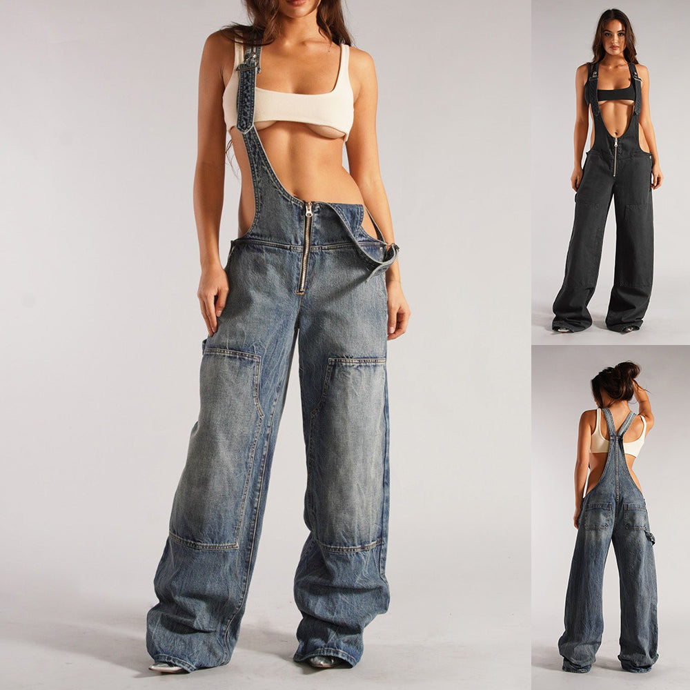 Zipper Denim Overalls Jumpsuit Streetwear | Yazijico™
