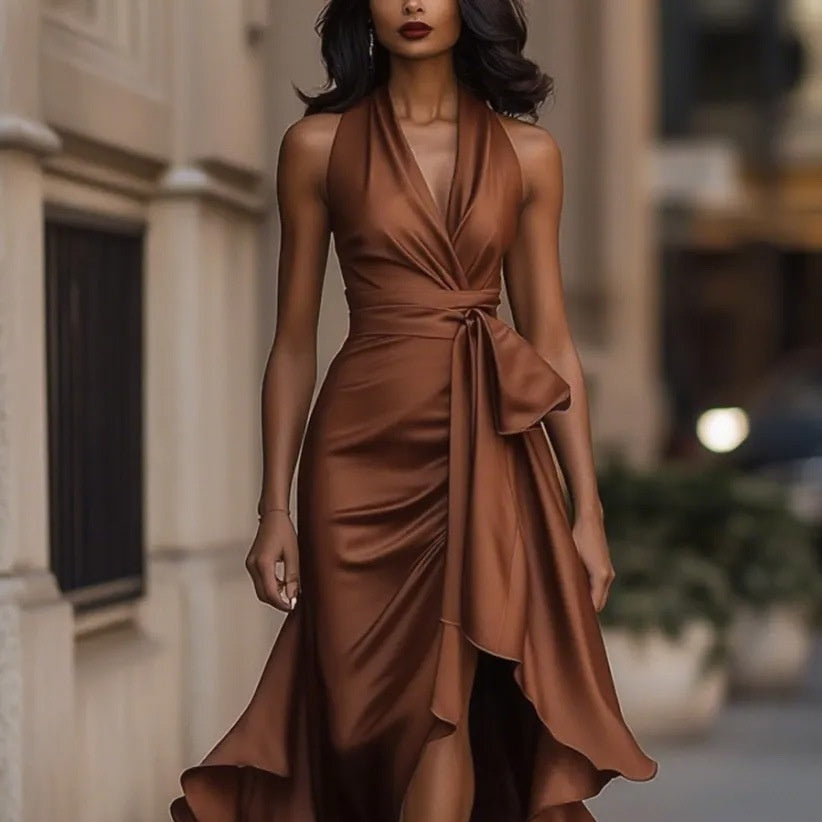 Elegant Deep V-neck Irregular Women's Ruffled Ruffled Evening Dress Gowns Solid Color Lace-up High Waist Satin Party Dresses Wedding Guests Dress