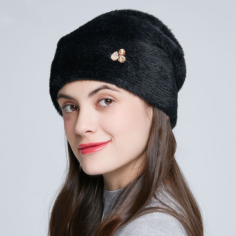 Imitation Mink Knit Wool Hat Rhinestone | Yazijico™ 
