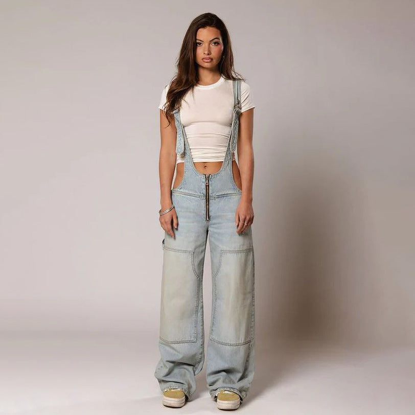 Zipper Denim Overalls Jumpsuit Streetwear | Yazijico™