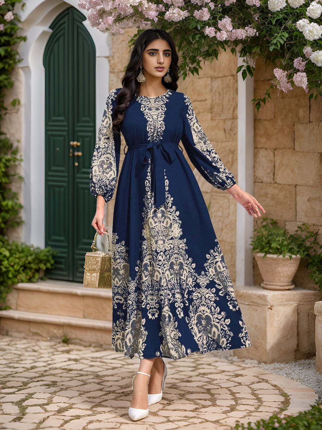 Middle East Arab Muslim Printed Belt Dress   | Yazijico™