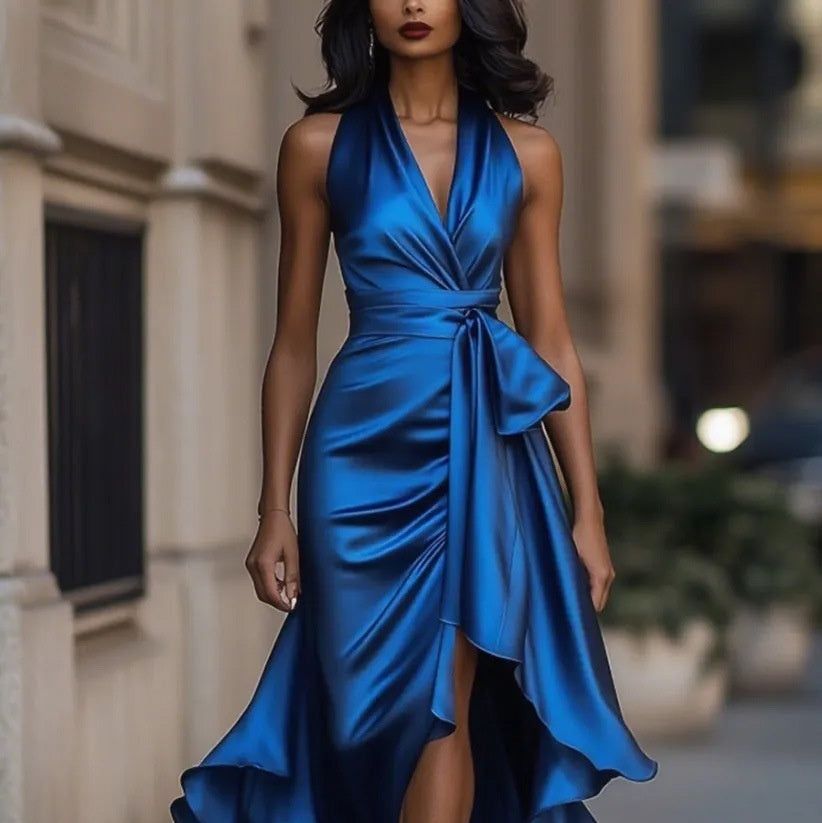 Elegant Deep V-neck Irregular Women's Ruffled Ruffled Evening Dress Gowns Solid Color Lace-up High Waist Satin Party Dresses Wedding Guests Dress