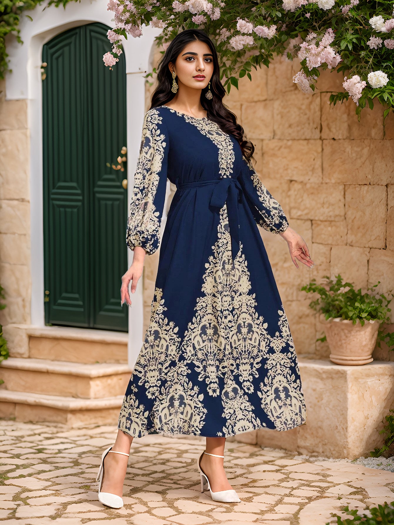 Middle East Arab Muslim Printed Belt Dress   | Yazijico™