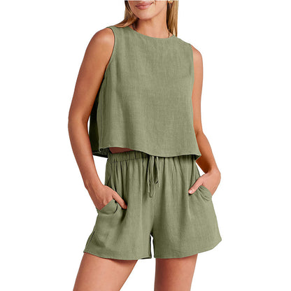Women's Set Sleeveless Tops And Drawstring Shorts   Yazijico™ 