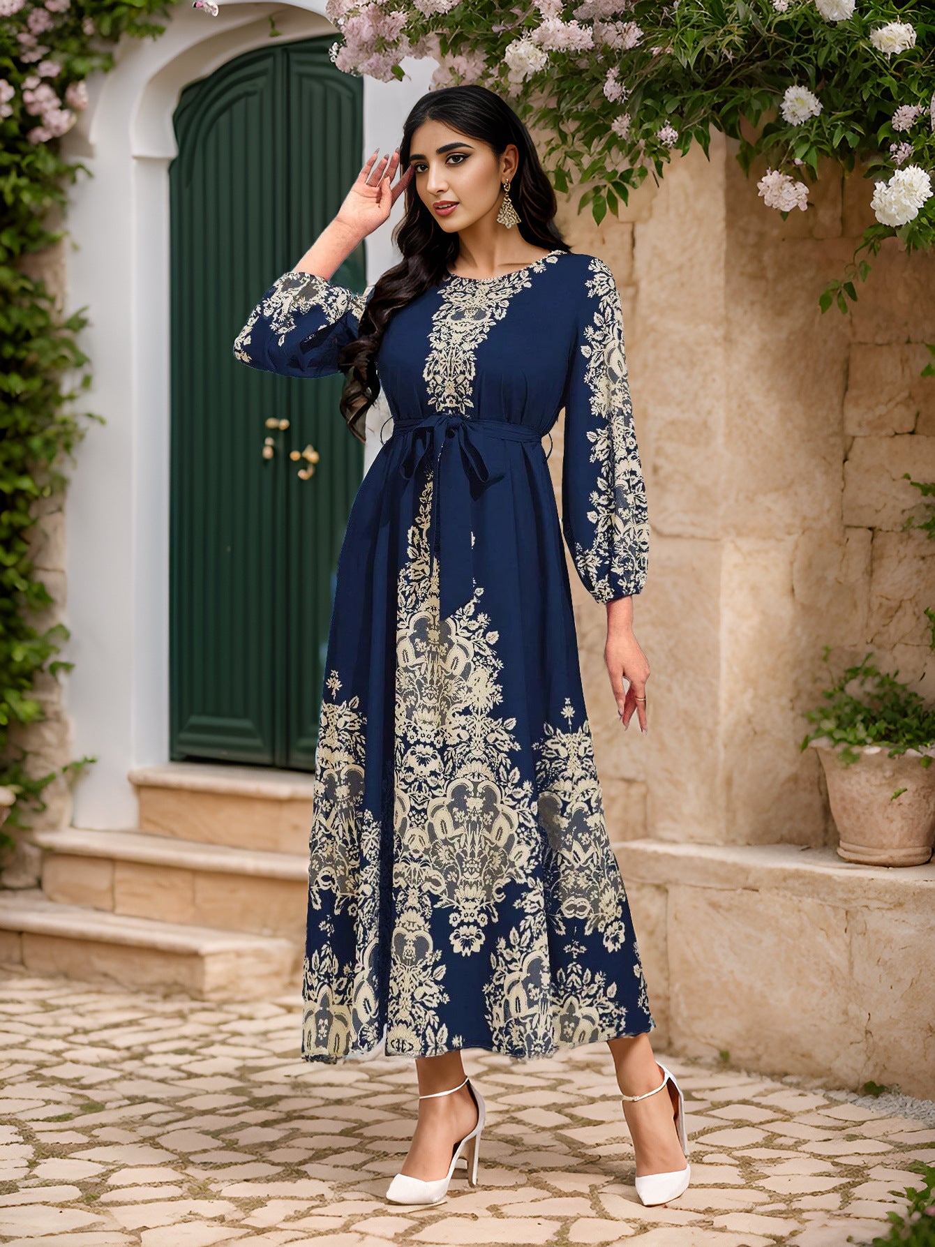Middle East Arab Muslim Printed Belt Dress   | Yazijico™