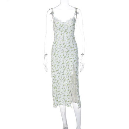 Robe longue en dentelle à imprimé floral et bretelles fendues | Yazijico™