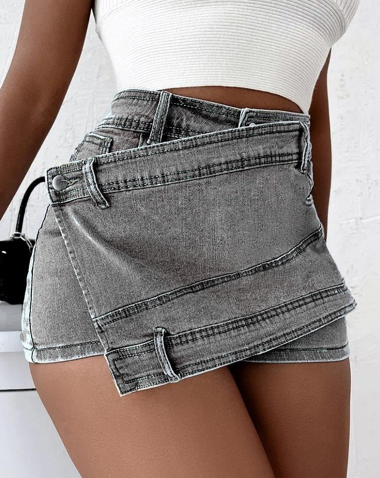 Denim Shorts Waist Wrap Skinny Mini Skorts Skirt  Yazijico™ 