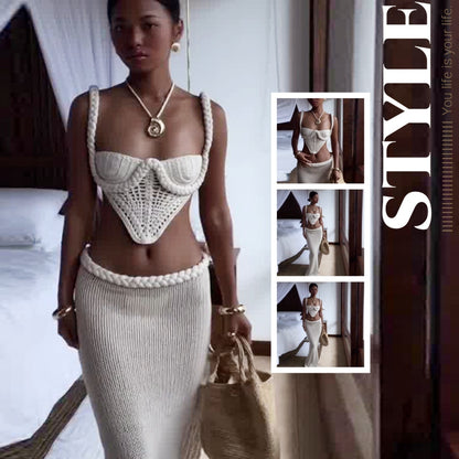 Crochet Knit 2 Piece Skirt Set Women's | Yazijico™ 