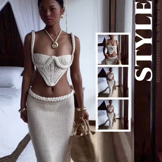 Crochet Knit 2 Piece Skirt Set Women's | Yazijico™ 