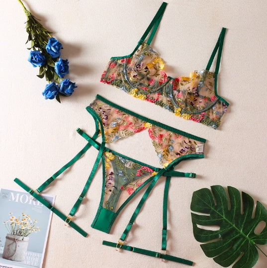 Lingerie Ellolace, ensemble 3 pièces en dentelle transparente brodée | Yazijico™