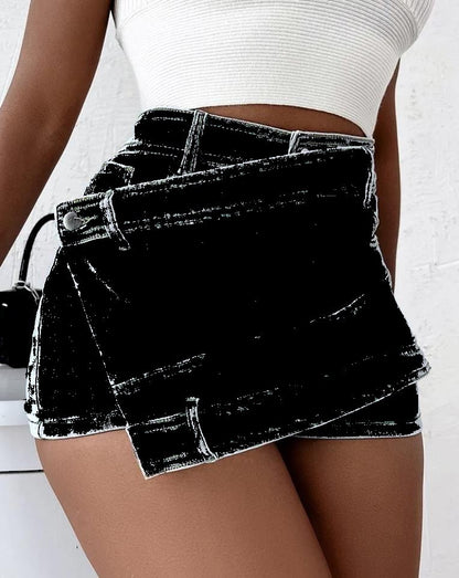 Denim Shorts Waist Wrap Skinny Mini Skorts Skirt  Yazijico™ 