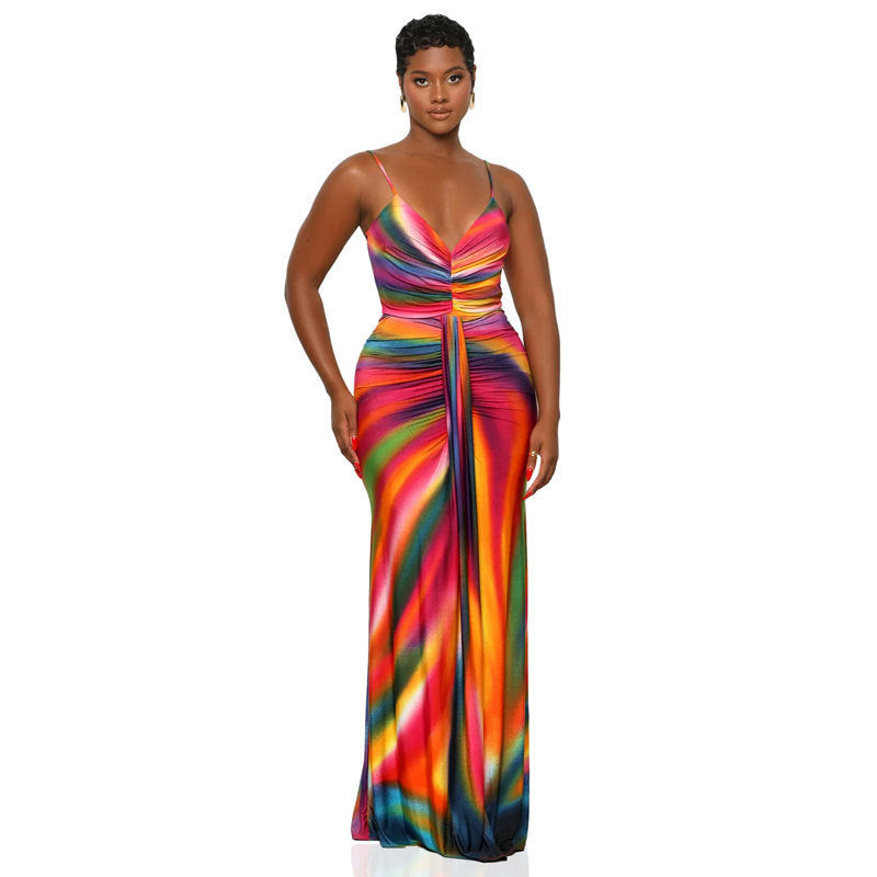 Woman wearing a colorful striped dress on a white background