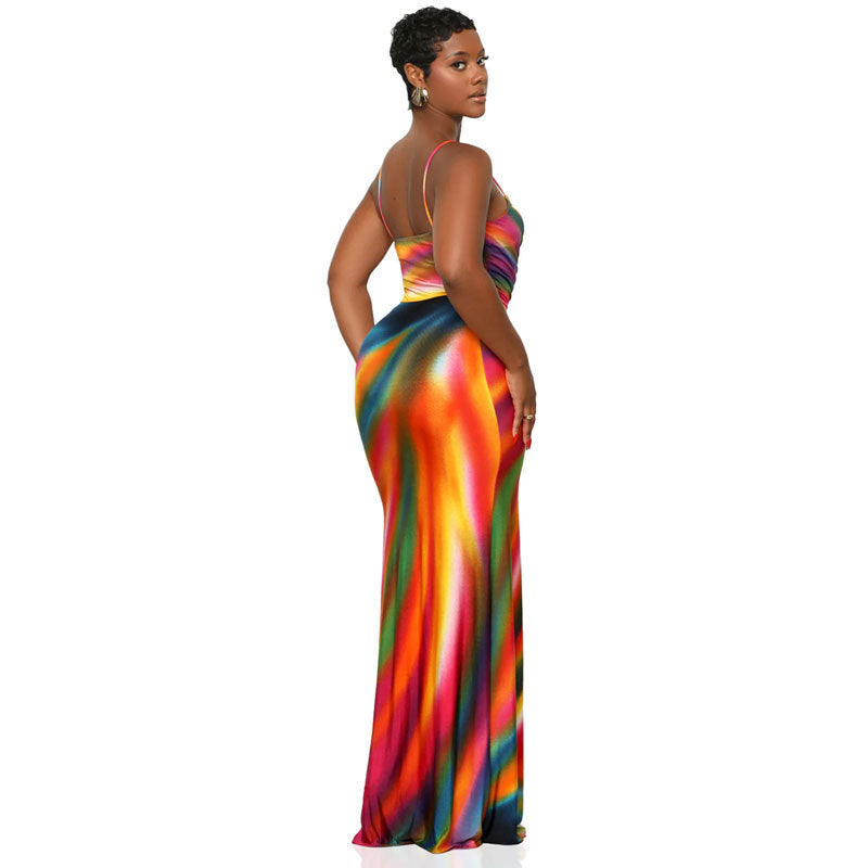 Woman wearing a colorful dress on a white background