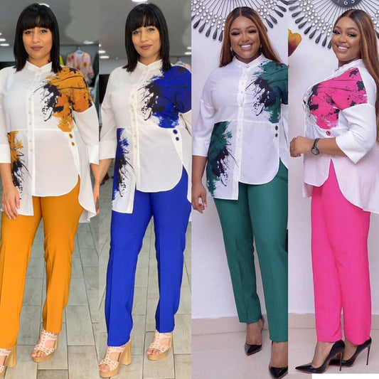 African Women Fashion Suits Print Shirt and Pants Set 