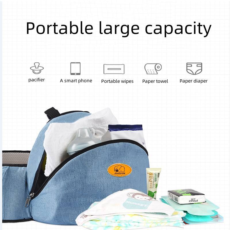 Blue diaper bag with baby essentials on a white background