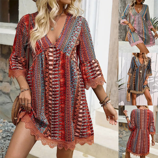 Bohemian Style V-neck Printed Dress Fashion