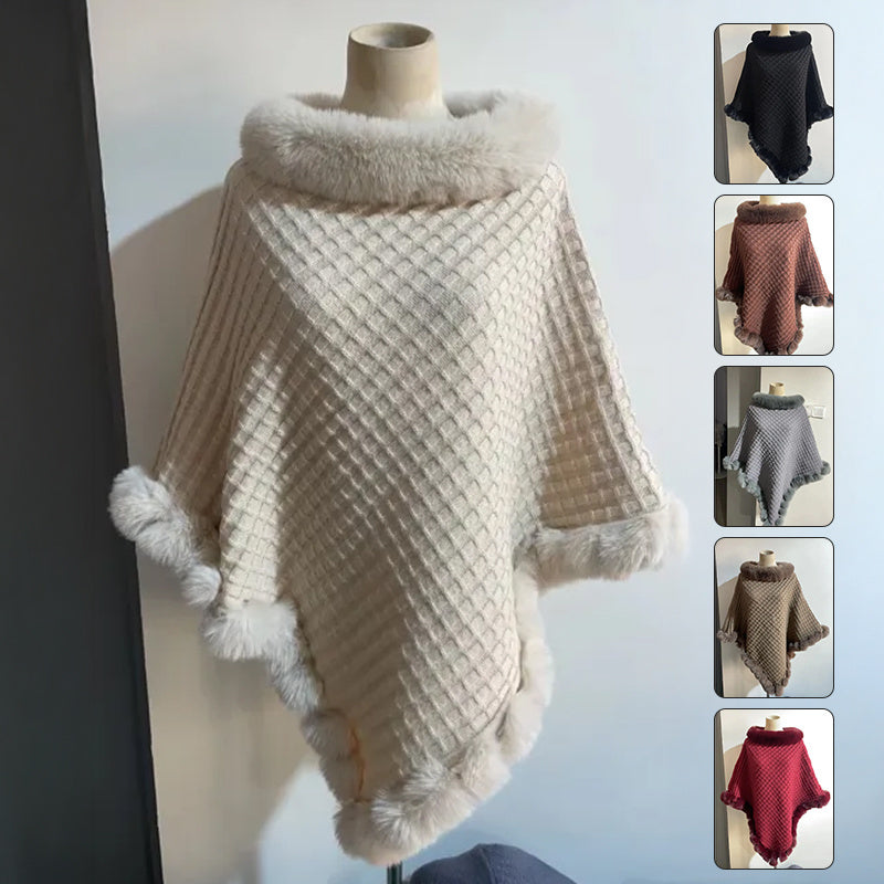 White knitted poncho with fur trim on a mannequin, surrounded by smaller images of different colored ponchos.