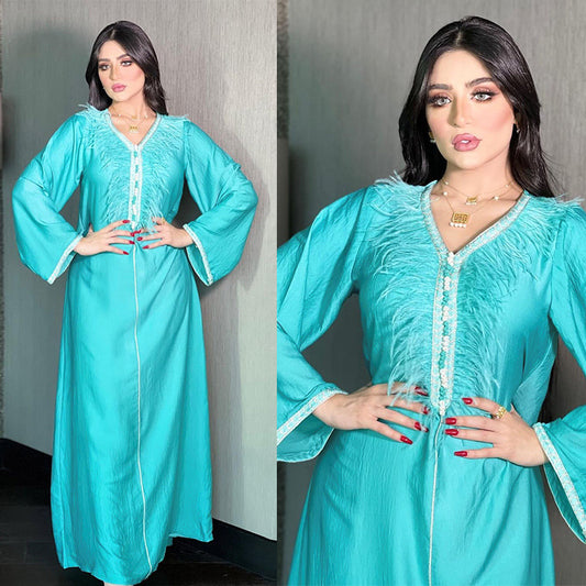 Dress Middle East Muslim Fashion Feather Patchwork Robe  