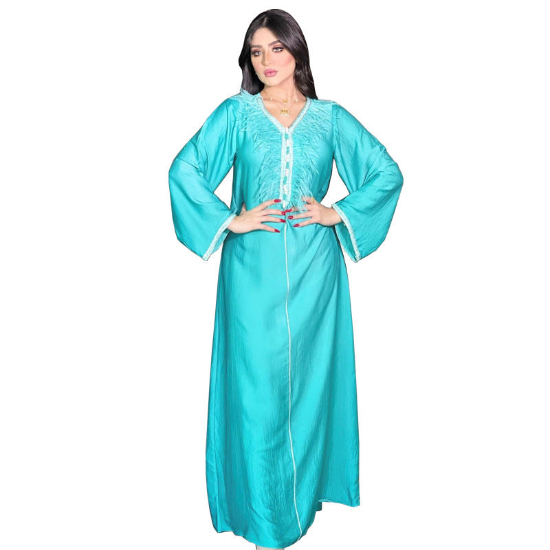 Dress Middle East Muslim Fashion Feather Patchwork Robe  